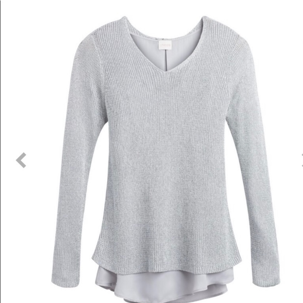 Chico’s silver metallic v neck Aindri sweater NWT. Reposted from previous
